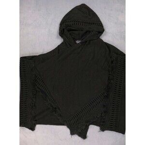 bebe Womens Black Knit Hooded Poncho Fringe Hem Openwork Cable Trim One Size OS